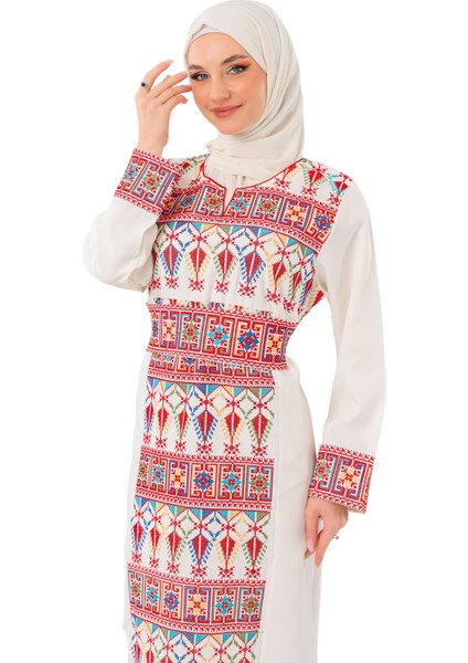 Kadın Elbise – Canlı Renklerle İşlemeli Beyaz Filistin Nakışlı Kadın Elbise" fırsatları