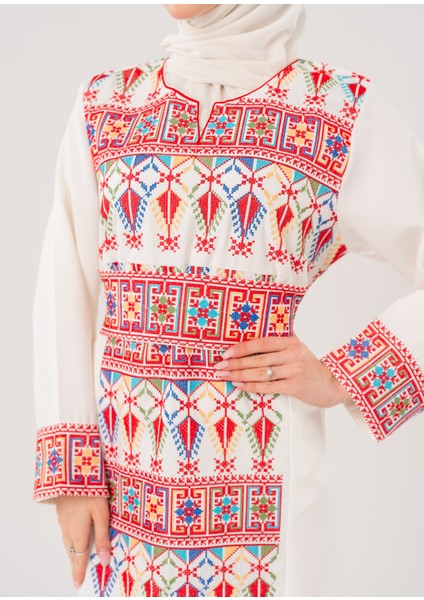 Kadın Elbise – Canlı Renklerle İşlemeli Beyaz Filistin Nakışlı Kadın Elbise" indirimleri
