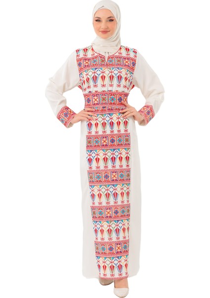 Kadın Elbise – Canlı Renklerle İşlemeli Beyaz Filistin Nakışlı Kadın Elbise"