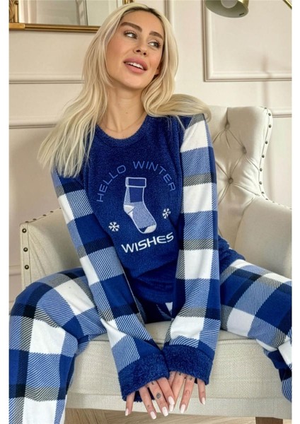 Lacivert Wishes Desenli Kadın Peluş Pijama Takımı