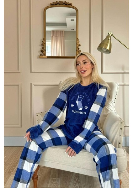 Lacivert Wishes Desenli Kadın Peluş Pijama Takımı fiyatları