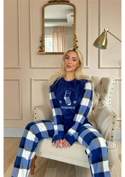 Lacivert Wishes Desenli Kadın Peluş Pijama Takımı modelleri