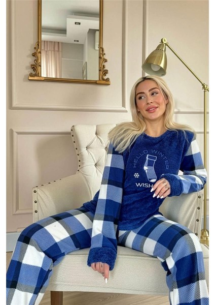 Lacivert Wishes Desenli Kadın Peluş Pijama Takımı fırsatları