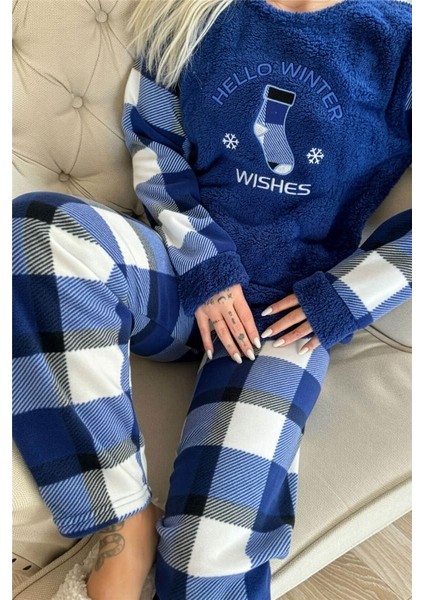 Lacivert Wishes Desenli Kadın Peluş Pijama Takımı indirimleri