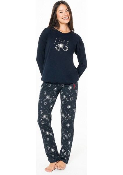 20155 Kadın Lacıvert Yuvarlak Yaka Uzun Kollu Pijama Takımı