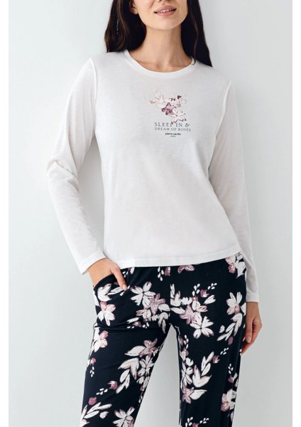 9106 Kadın Beyaz Uzun Kollu Yuvarlak Yaka Pijama Takımı modelleri