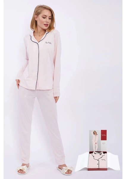 7717 Kadın Somon Uzun Kollu Önden Düğmeli Biyeli Gömlek Pijama Takımı