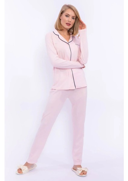 7717 Kadın Somon Uzun Kollu Önden Düğmeli Biyeli Gömlek Pijama Takımı fiyatları