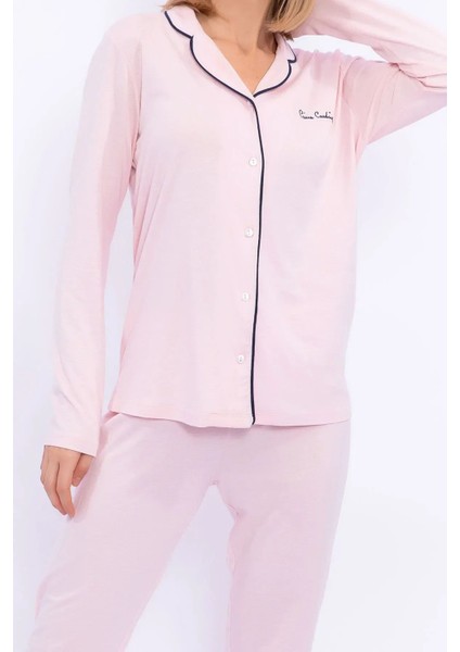 7717 Kadın Somon Uzun Kollu Önden Düğmeli Biyeli Gömlek Pijama Takımı fırsatları