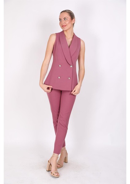 Abiye Yelek & Boru Paça Pantolon Takım-Rose