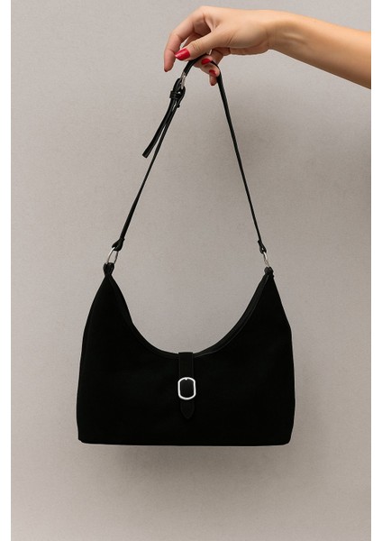 Bolanga Süet Vintage Omuz Çantası Siyah