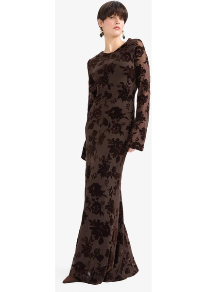 Skinny Fit Çiçek Desenli Tül Uzun Kollu Maxi Elbise G2940AX25AU