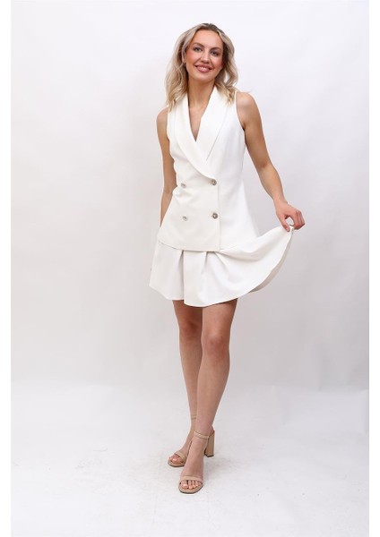Abiye Yelek & Kısa Kloş Etek Takım-Beyaz