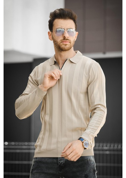 Vilnius Slim Fit Çizgili Gömlek Yaka Yarım Fermuarlı Erkek Triko