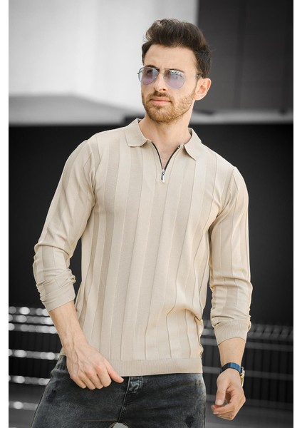 Vilnius Slim Fit Çizgili Gömlek Yaka Yarım Fermuarlı Erkek Triko fiyatları