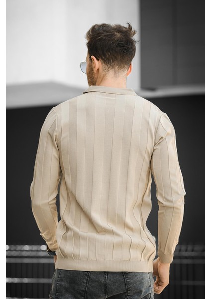 Vilnius Slim Fit Çizgili Gömlek Yaka Yarım Fermuarlı Erkek Triko modelleri
