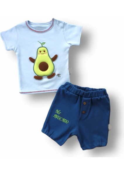 3-6 6-9 9-12 12-18 Ay Avokado Nakışlı Kısa Kollu Sweatli Şortlu 2li Kız-Erkek Bebek Takımı Mavi