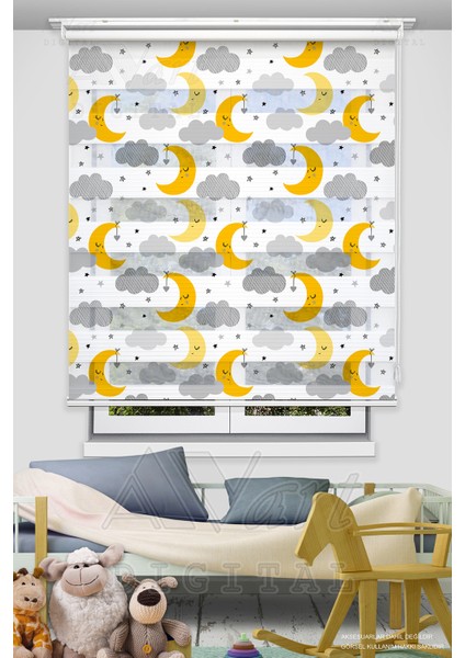 Ay ve Bulut Baskılı Çocuk Odası Perdesi - Sarı - Dijital Baskılı Zebra Stor Perde