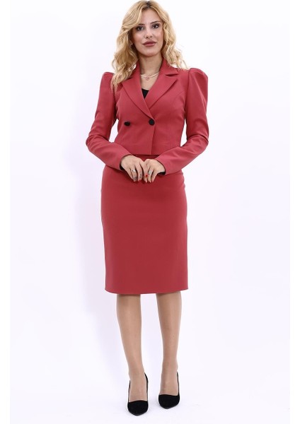 Gömlek Yaka Kısa Ceket & Düz Dar Etek-Kiremit