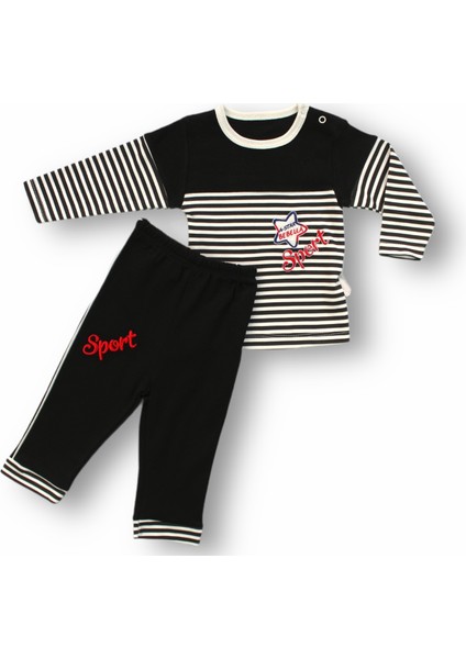 6-9 9-12 12-18 18-24 24-36 Ay Sport Baskılı Çizgili Uzun Kollu Sweatli 2li Erkek Bebek Takımı