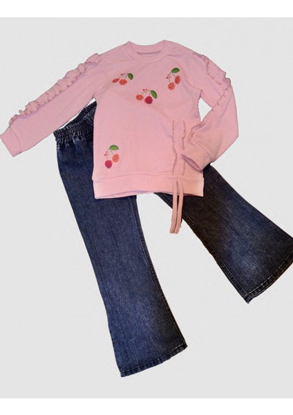 4-5-6 Yaş Kot Pantolonlu Kiraz Desenli Penye Sweat Uzun Kollu 2li Kız Çocuk Takımı