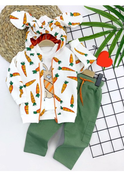 9-12-18-24 Ay Havuçlu Kulaklı Kapşonlu Fermuar Kapamalı 3lü Erkek Bebek Takımı