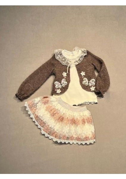 1-2-3 Yaş Brode Etekli Örme Hırkalı Uzun Kollu Sweat 3lü Kız Çocuk Takımı