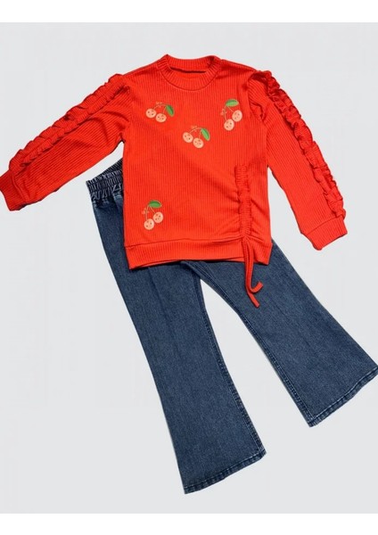 4-5-6 Yaş Kot Pantolonlu Kiraz Desenli Penye Sweat Uzun Kollu 2li Kız Çocuk Takımı Kırmızı