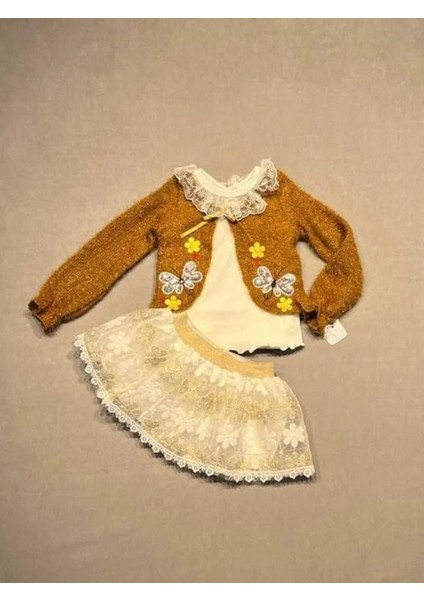 1-2-3 Yaş Brode Etekli Örme Hırkalı Uzun Kollu Sweat 3lü Kız Çocuk Takımı Hardal