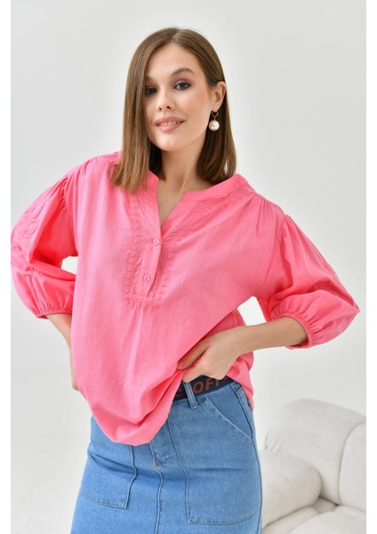 Kadın Gömlek V Yaka 2 Düğmeli Gömlek Pembe - 23132