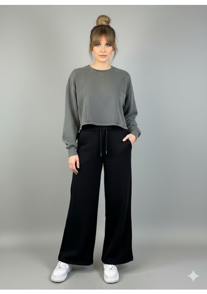 Siyah Kadın Bol Paça Palazzo Bol Kesim Oversize Eşofman Altı