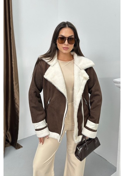 Kadın Süet Mont Oversize Içi Kürklü Fermuarlı Cepli Kol Detaylı Ceket Yaka Kışlık Kaban