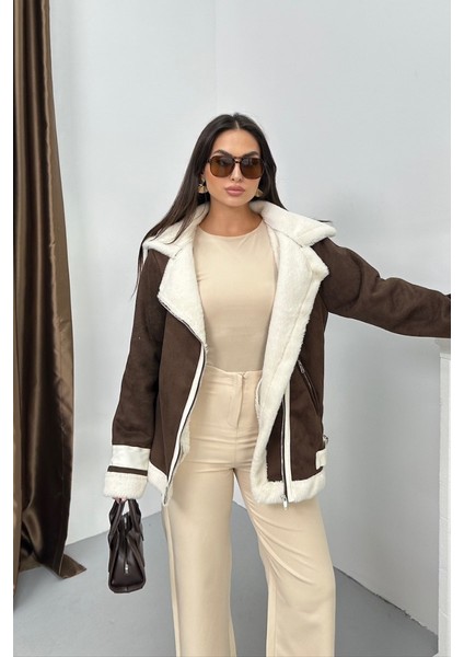 Kadın Süet Mont Oversize Içi Kürklü Fermuarlı Cepli Kol Detaylı Ceket Yaka Kışlık Kaban fiyatları