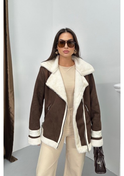 Kadın Süet Mont Oversize Içi Kürklü Fermuarlı Cepli Kol Detaylı Ceket Yaka Kışlık Kaban modelleri