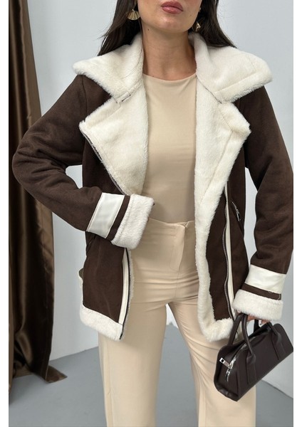 Kadın Süet Mont Oversize Içi Kürklü Fermuarlı Cepli Kol Detaylı Ceket Yaka Kışlık Kaban fırsatları