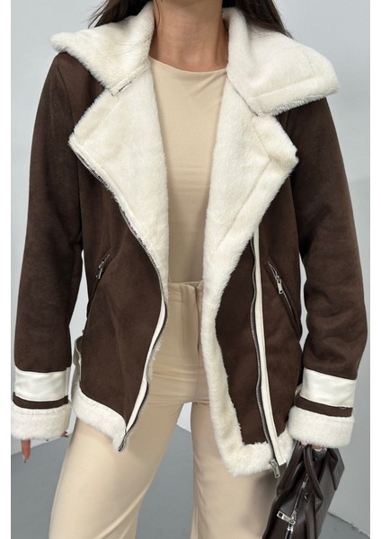 Kadın Süet Mont Oversize Içi Kürklü Fermuarlı Cepli Kol Detaylı Ceket Yaka Kışlık Kaban indirimleri