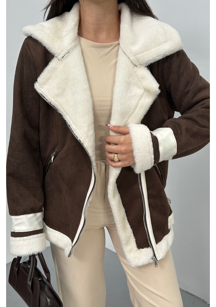 Kadın Süet Mont Oversize Içi Kürklü Fermuarlı Cepli Kol Detaylı Ceket Yaka Kışlık Kaban