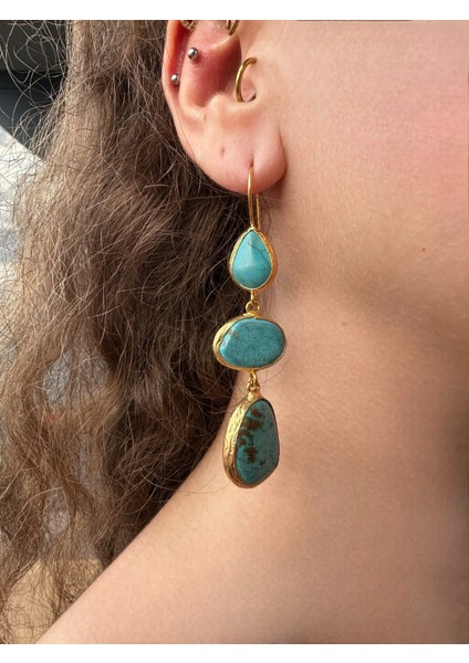 El Yapımı Turkuaz Doğal Taş Sallantılı Küpe fiyatları