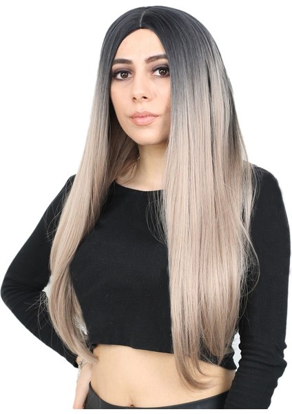 Fiber Sentetik Uzun Düz Peruk / Siyah / Küllü Bebek Sarı Ombreli