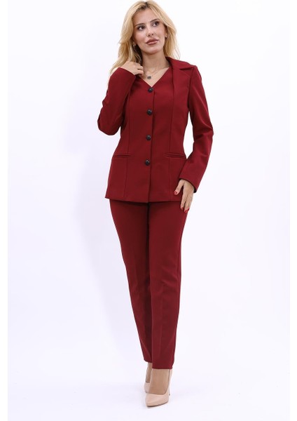 Erkek Yaka Yelek Ceket & Dar Paça Pantolon-Bordo