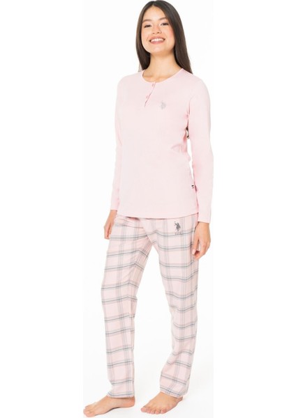 20169 Kadın Pembe Yuvarlak Yaka Uzun Kollu Pijama Takımı