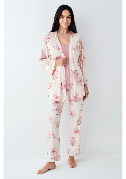 9058 Kadın Gül Kurusu Sabahlıklı Ip Askılı Dantel Detaylı 3'lü Pijama Takımı