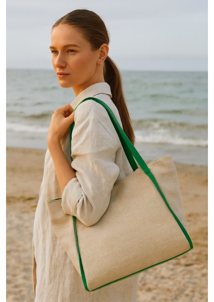 Kadın Omuz Çantası – Keten Kumaş Deri Detaylı Lüks Çanta