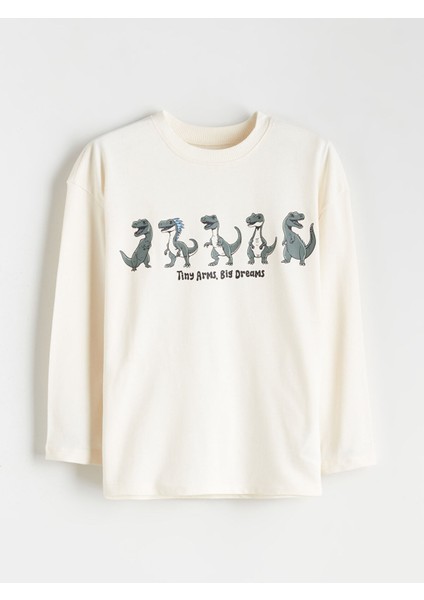 Yeni Sezon Bisiklet Yaka Dinozor Baskılı Erkek Çocuk Sweatshirt