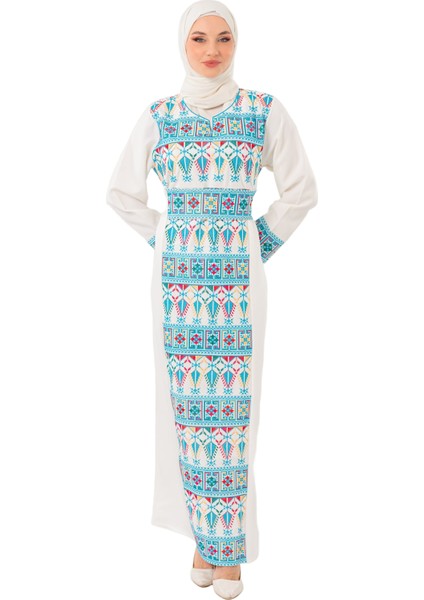 Kadın Elbise – Canlı Renklerle İşlemeli Beyaz Filistin Nakışlı Kadın Elbise"