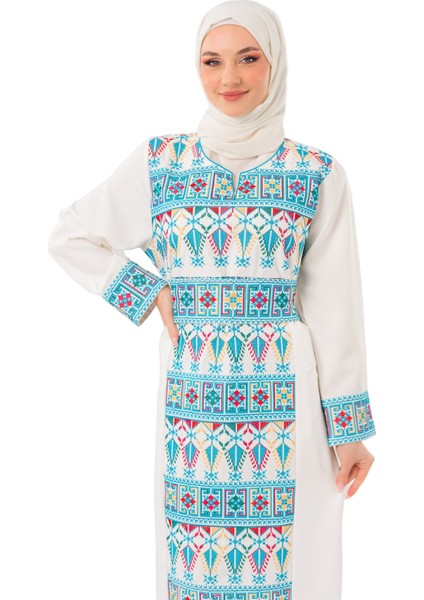 Kadın Elbise – Canlı Renklerle İşlemeli Beyaz Filistin Nakışlı Kadın Elbise" fiyatları