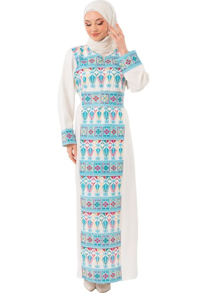 Kadın Elbise – Canlı Renklerle İşlemeli Beyaz Filistin Nakışlı Kadın Elbise"