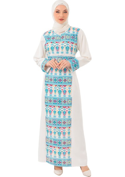 Kadın Elbise – Canlı Renklerle İşlemeli Beyaz Filistin Nakışlı Kadın Elbise"