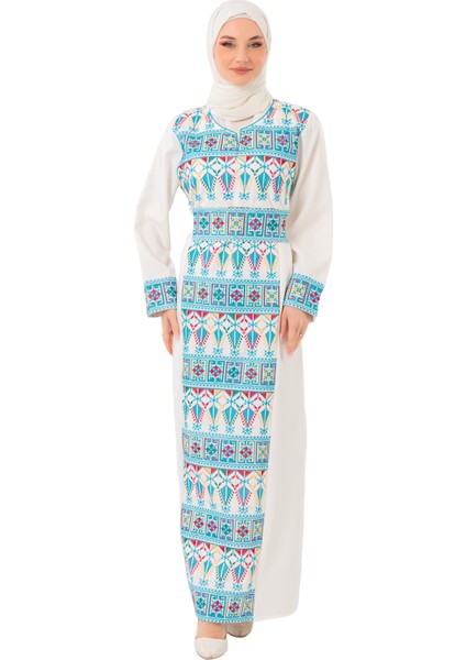 Kadın Elbise – Canlı Renklerle İşlemeli Beyaz Filistin Nakışlı Kadın Elbise"