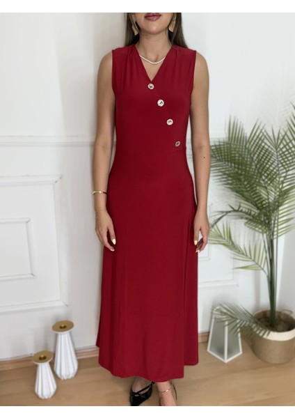 Kadın Düğme Detay Kolsuz Maxi Boy Elbise fırsatları